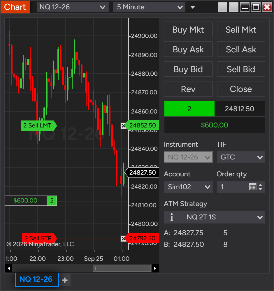 NinjaTrader chart of the follower account Sim102: long 2 NQ with the same target and stop