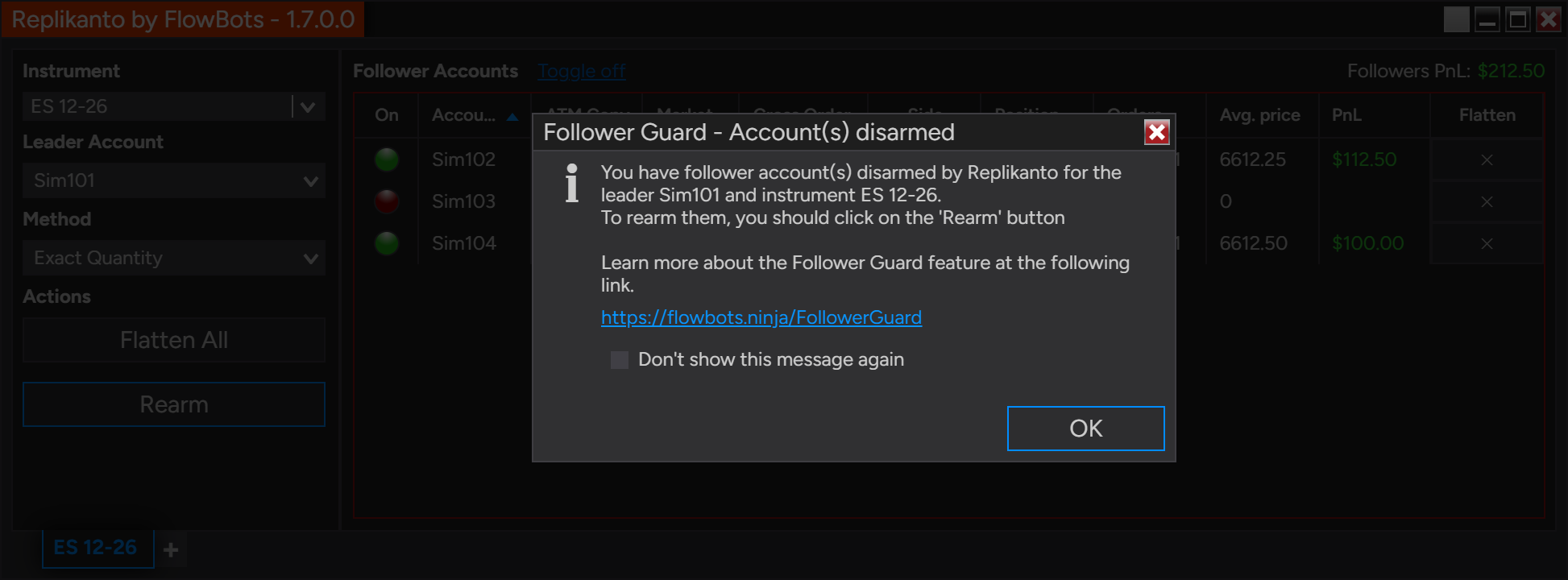 Follower Guard alert in Replikanto: follower Sim103 disarmed for leader Sim101 on ES 12-26, with the Rearm button ready