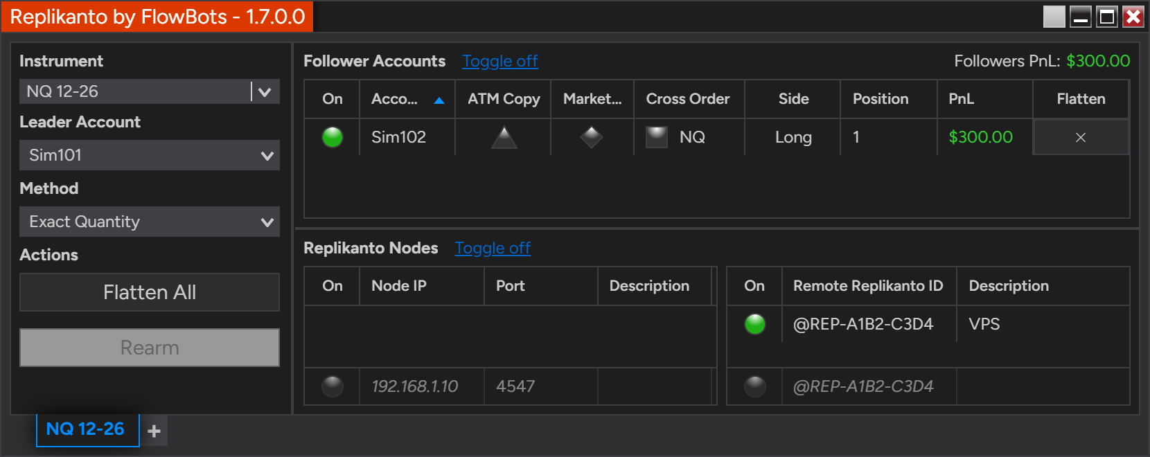 Home computer: Replikanto leader tab sending NQ trades to the Remote Replikanto ID @REP-A1B2-C3D4, labelled VPS
