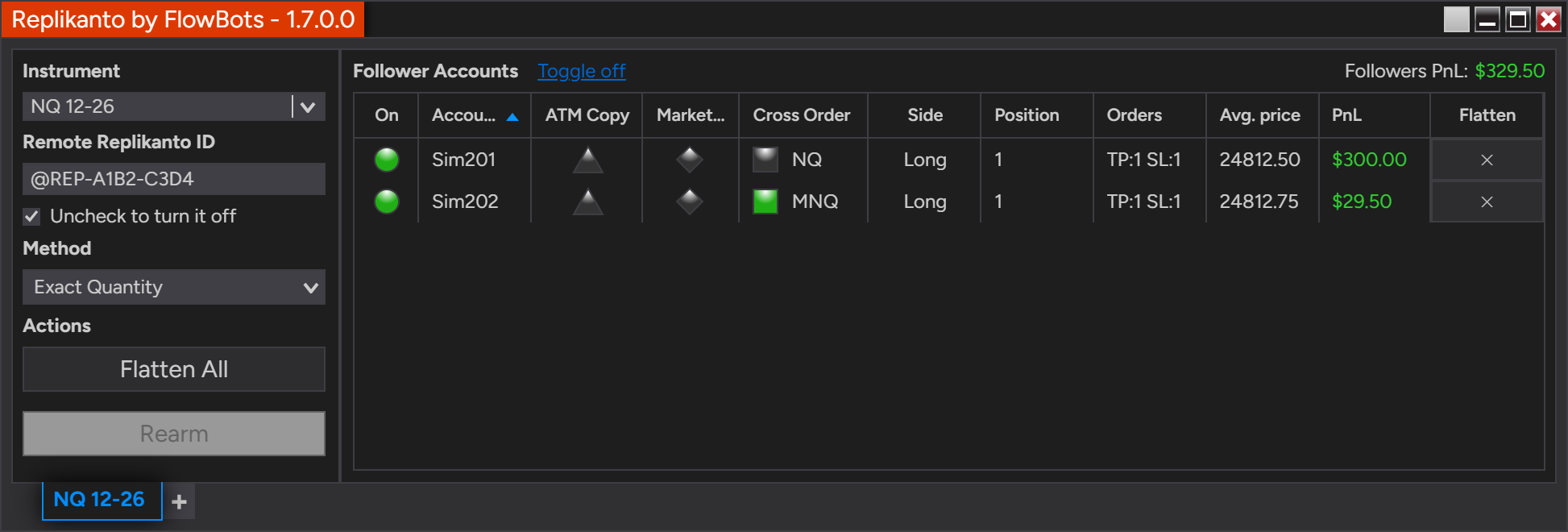 VPS: Replikanto in Remote Node Mode with its own Replikanto ID @REP-A1B2-C3D4, copying the trade to Sim201 and to Sim202 as MNQ