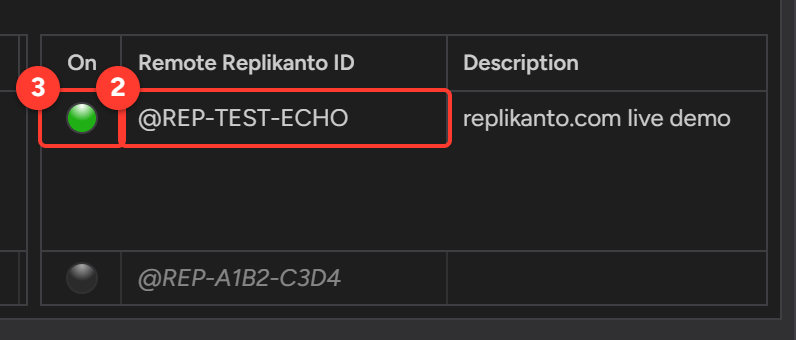 Replikanto Nodes panel: @REP-TEST-ECHO typed in the Remote Replikanto ID list (2) and switched on (3)